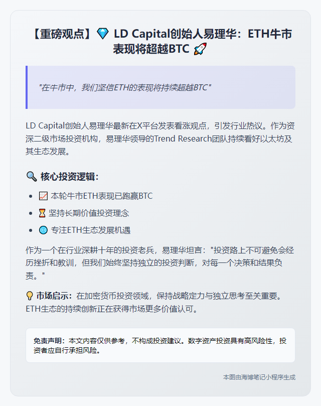易理华：牛市ETH将跑赢BTC