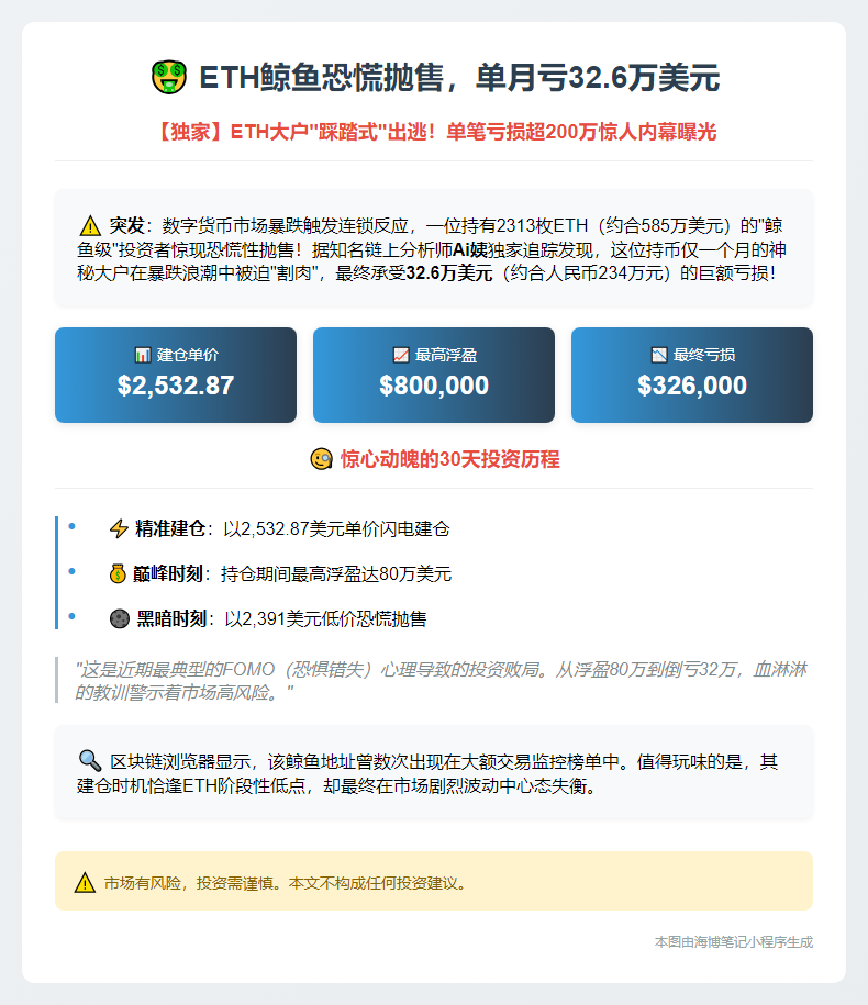 ETH鲸鱼恐慌抛售，单月亏32.6万美元