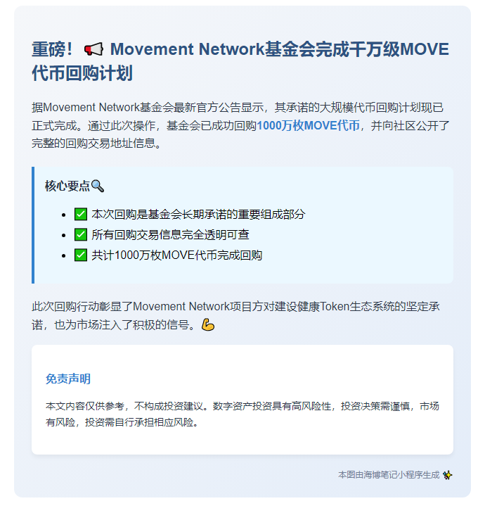 移动网络基金完成千万MOVE回购