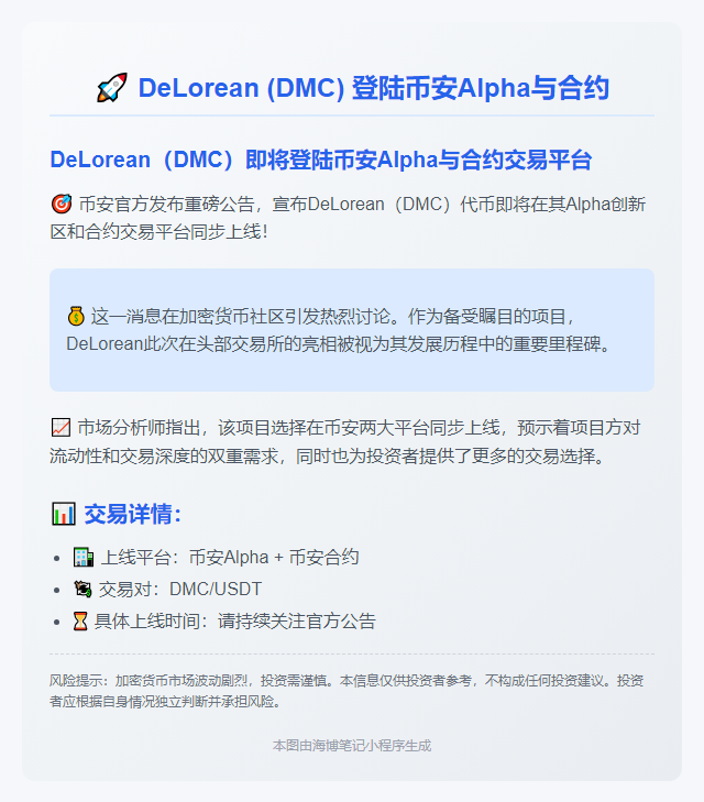 DeLorean (DMC) 登陆币安Alpha与合约
