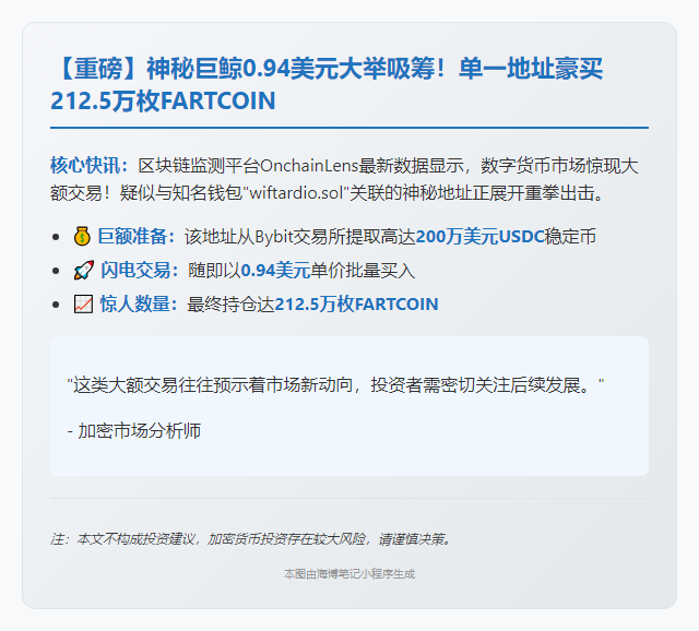 "某地址0.94美元增持212.5万枚FARTCOIN"