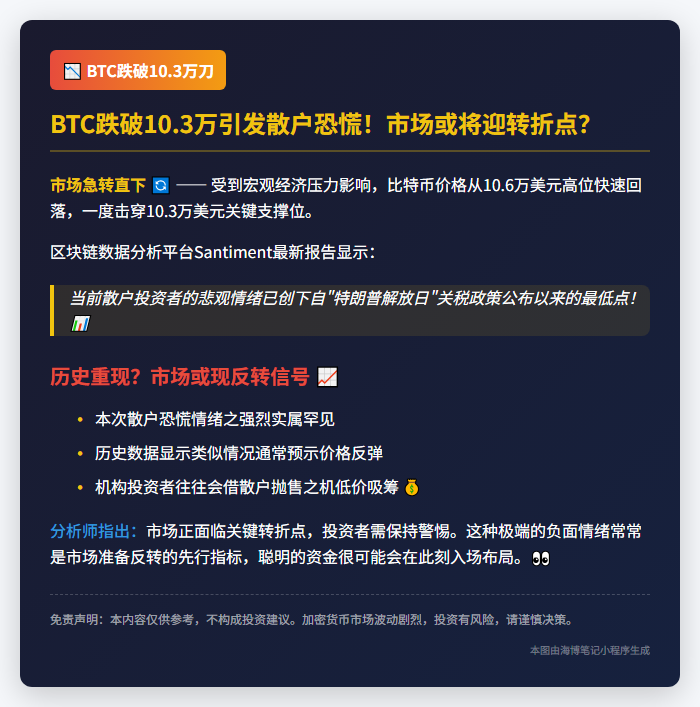 BTC跌破10.3万刀 散户情绪跌至半年最低