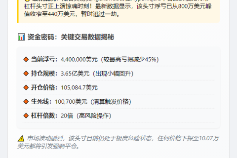 AguilaTrades比特币浮亏缩至440万，爆仓价10.07万