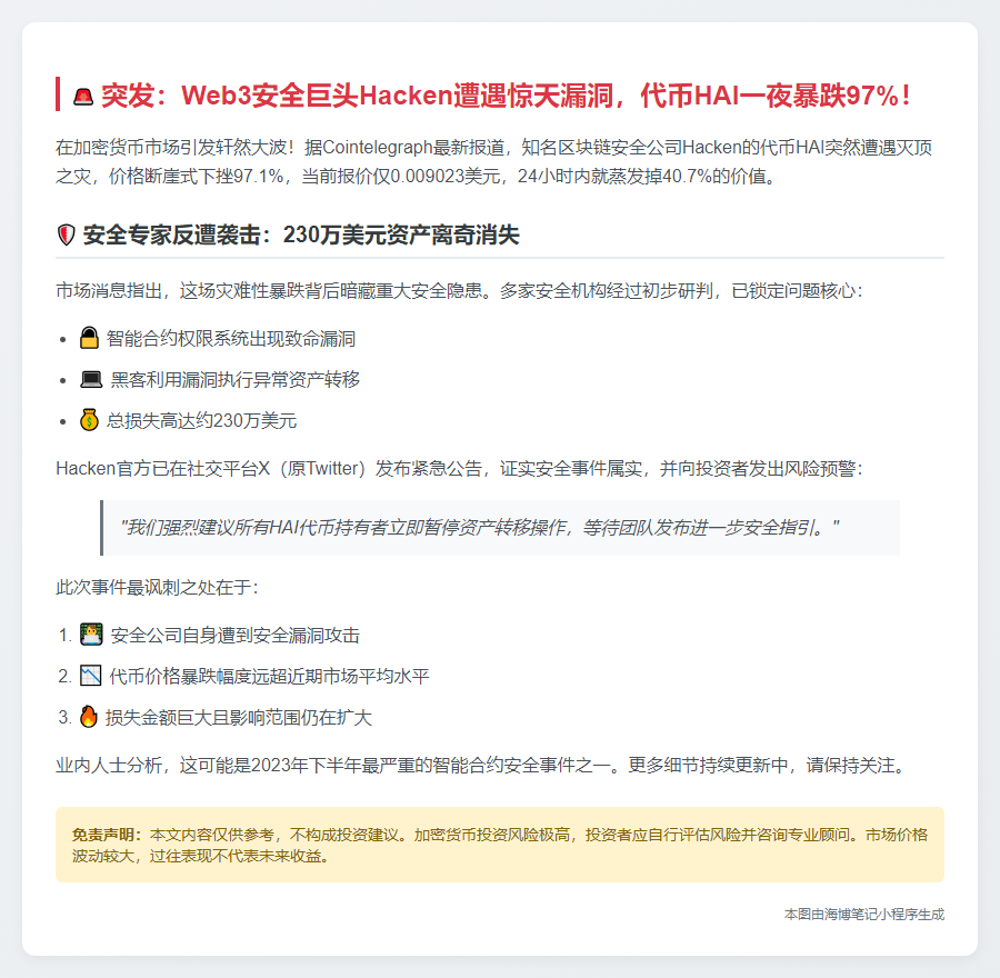 Hacken代币HAI因安全漏洞暴跌