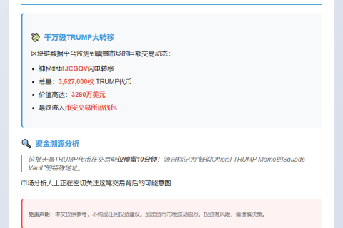 鲸鱼转352万枚TRUMP至币安，值3280万美元
