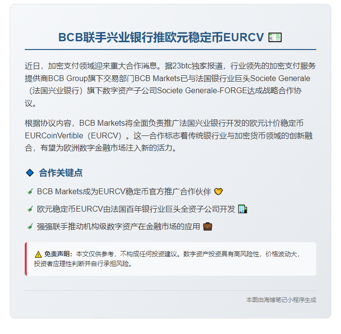 BCB联手兴业银行推欧元稳定币EURCV
