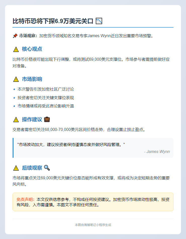 比特币或跌至6.9万美元