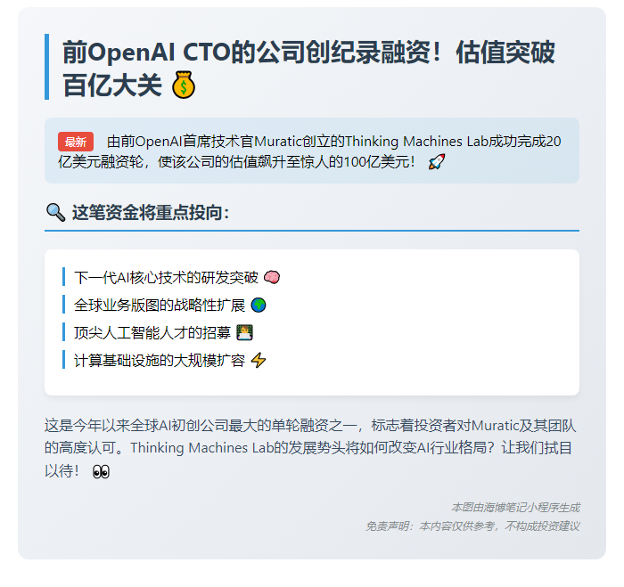 前OpenAI首席技术官AI公司估值百亿融资20亿