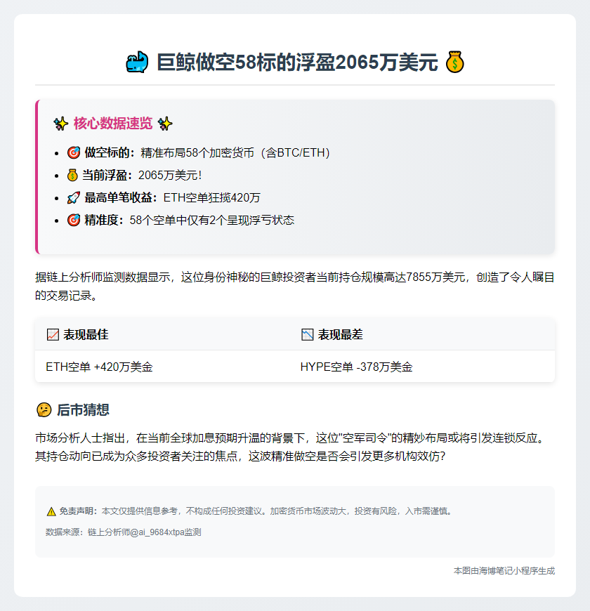 巨鲸做空58标的浮盈2065万美元