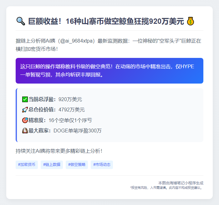 空头鲸鱼16种山寨币盈利920万