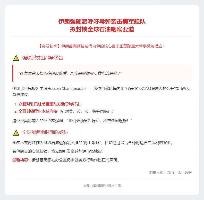 伊朗顾问提议袭击美军舰队 封锁霍尔木兹海峡