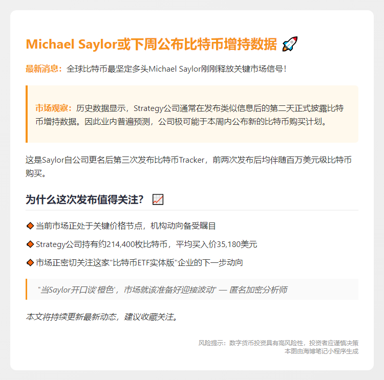 Michael Saylor或下周公布比特币增持数据