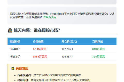 两巨鲸做空BTC浮盈超1534万刀