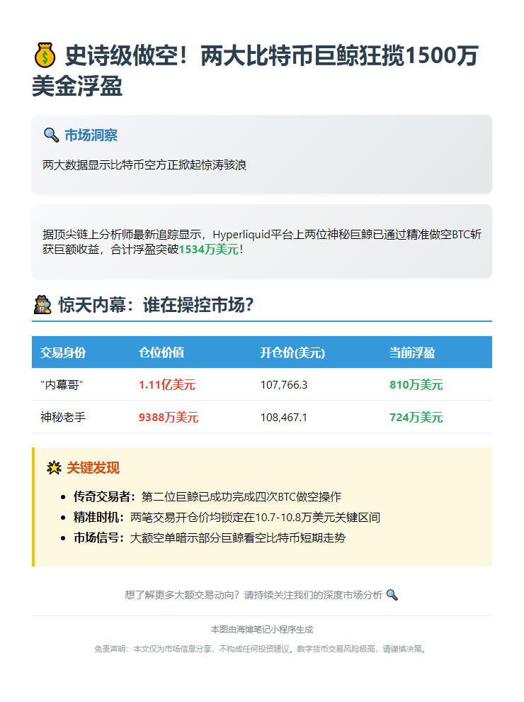 两巨鲸做空BTC浮盈超1534万刀
