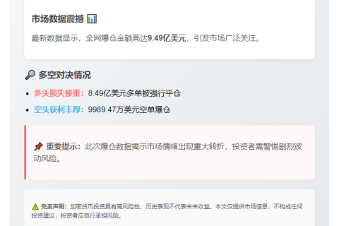 24小时爆仓9.49亿 多单主力爆仓