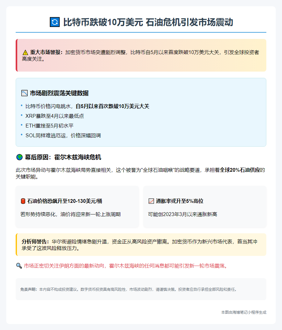比特币跌破10万，显示石油危机引发避险情绪