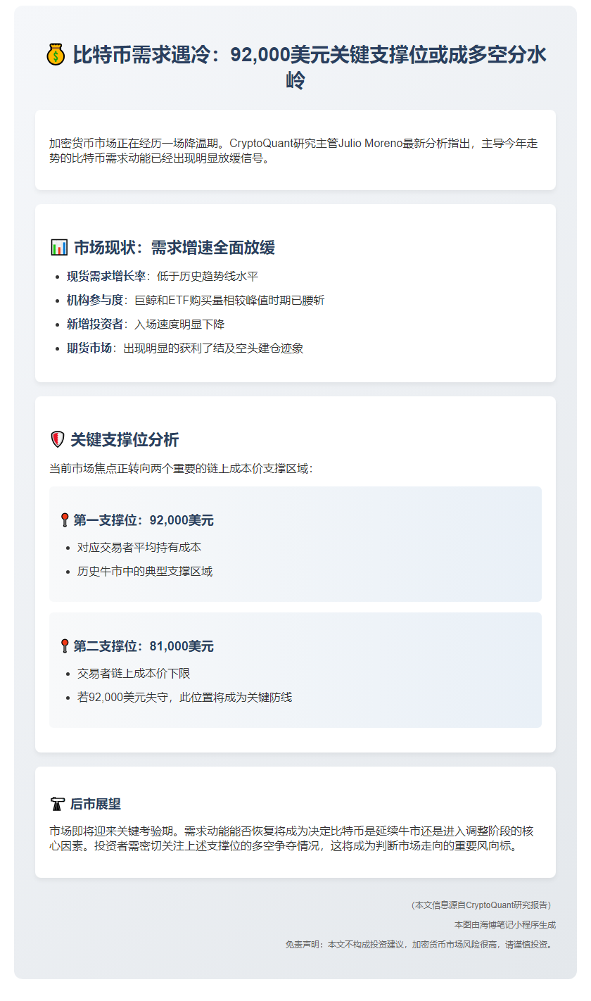 比特币需求放缓，支撑位近9.2万美元