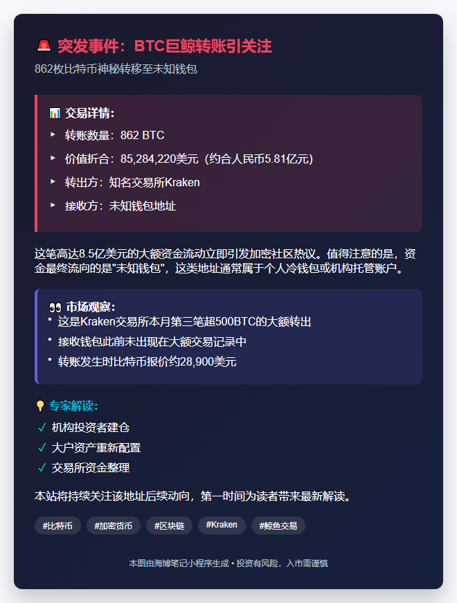 862 BTC从 Kraken 转至未知钱包