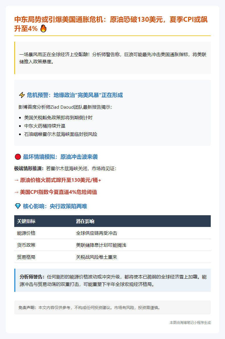 中东冲突或推高美国CPI至4%