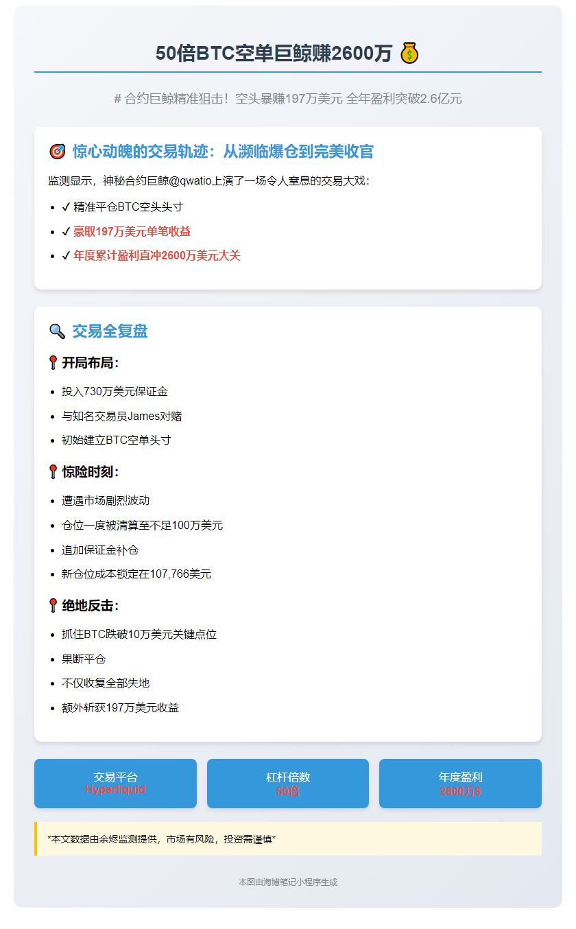 50倍BTC空单巨鲸赚2600万