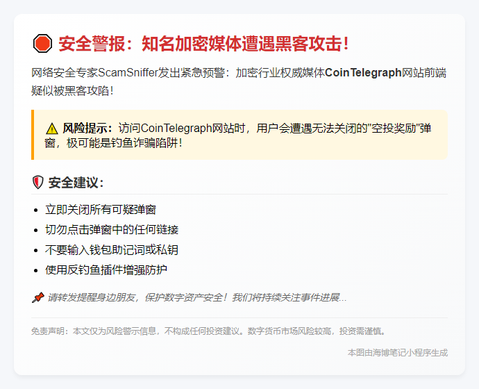 CoinTelegraph遭黑客入侵发布假空投