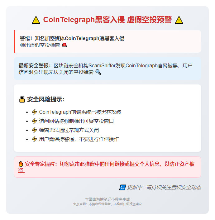 CoinTelegraph黑客入侵 虚假空投预警