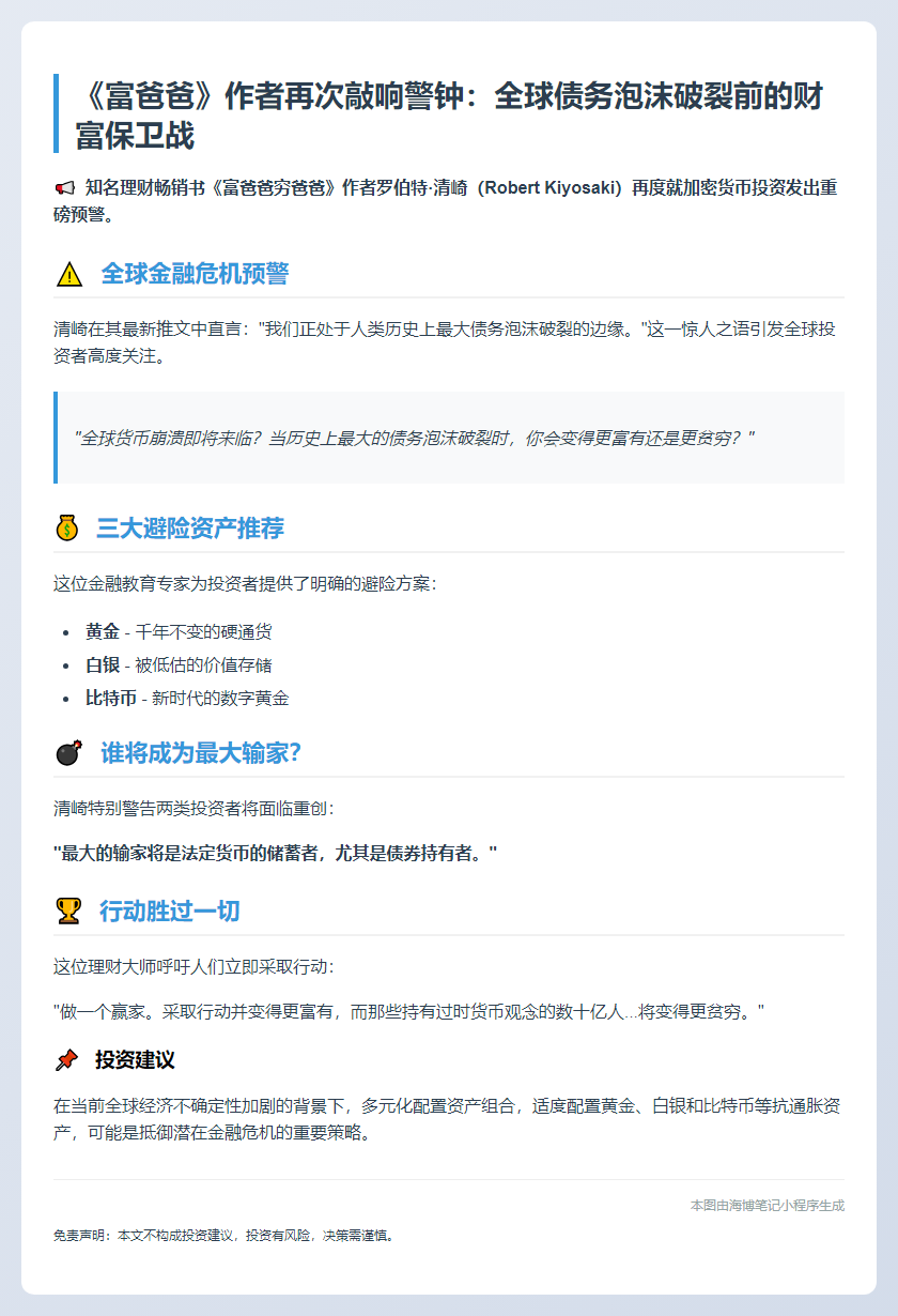 大佬Kiyosaki再次喊话持有BTC