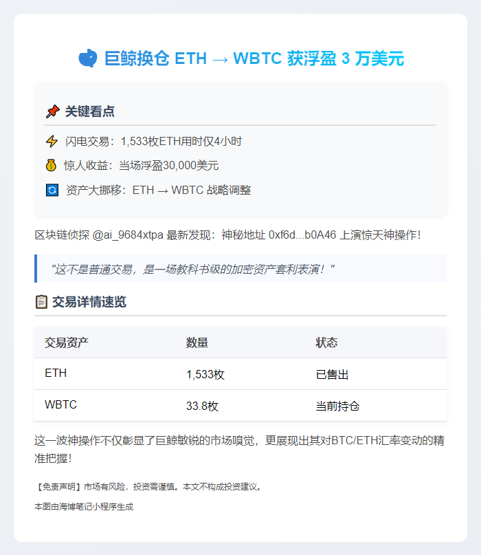 巨鲸换仓ETH转WBTC浮盈3万美元