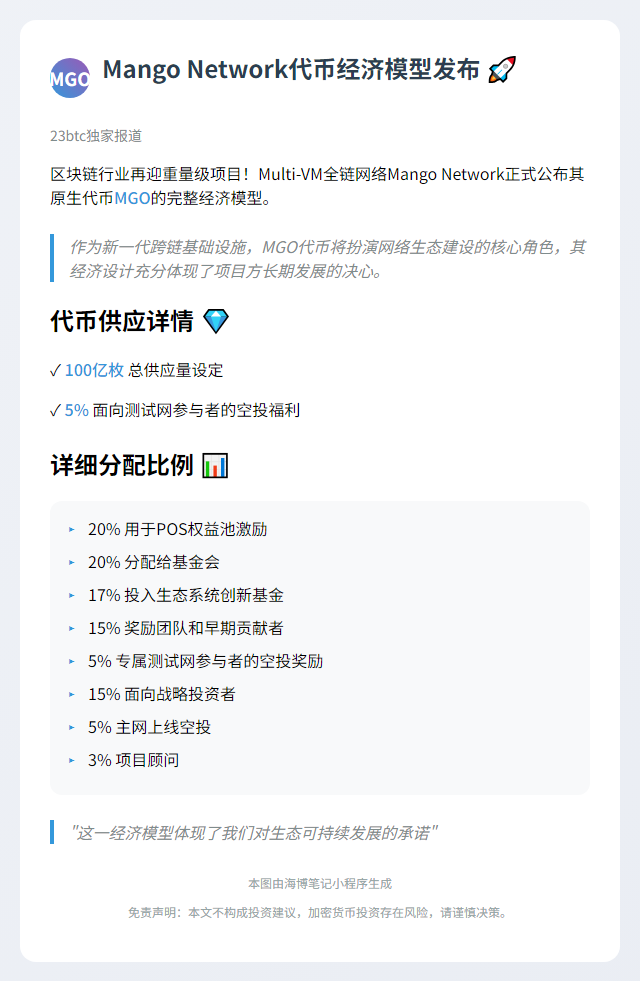 MGO代币经济学公布：100亿总供应，5%测试网空投