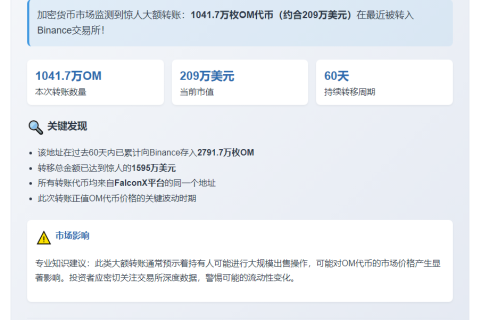 鲸鱼转移1041万OM至Binance