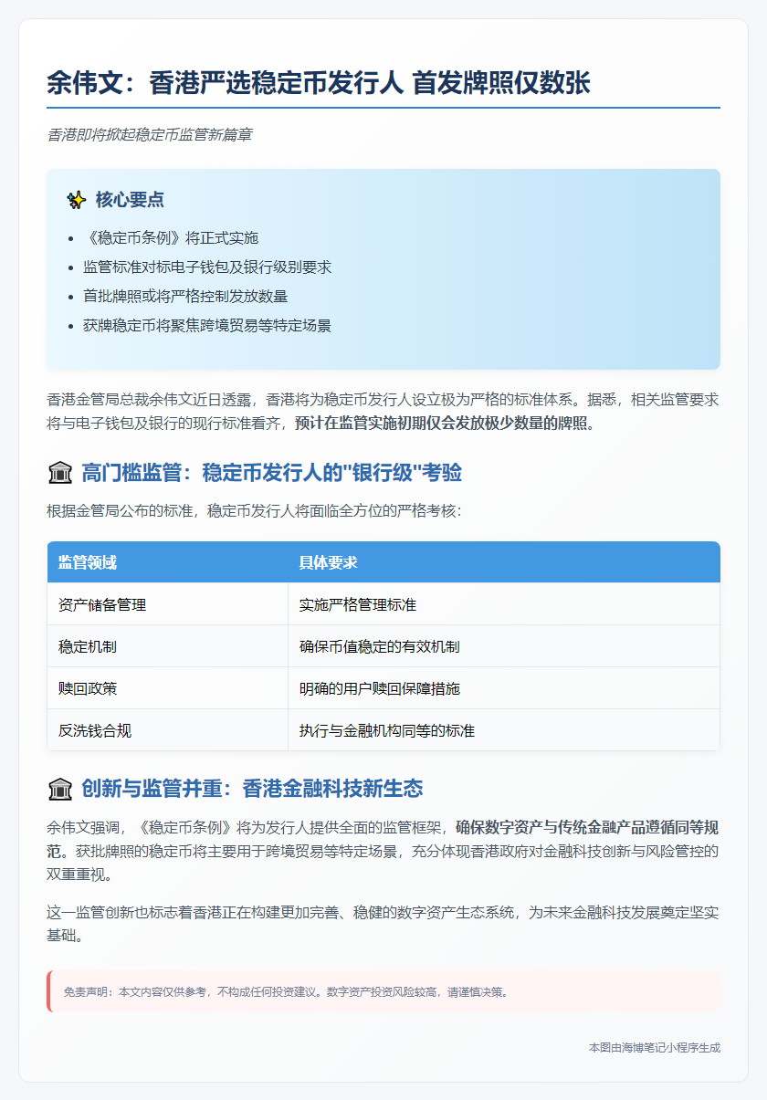 余伟文：香港严选稳定币发行人 首发牌照仅数张