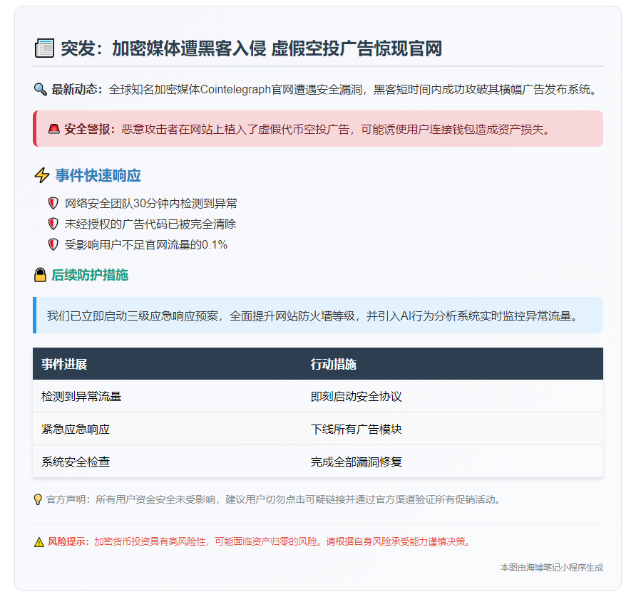 Cointelegraph遭攻击 已清除入侵代码