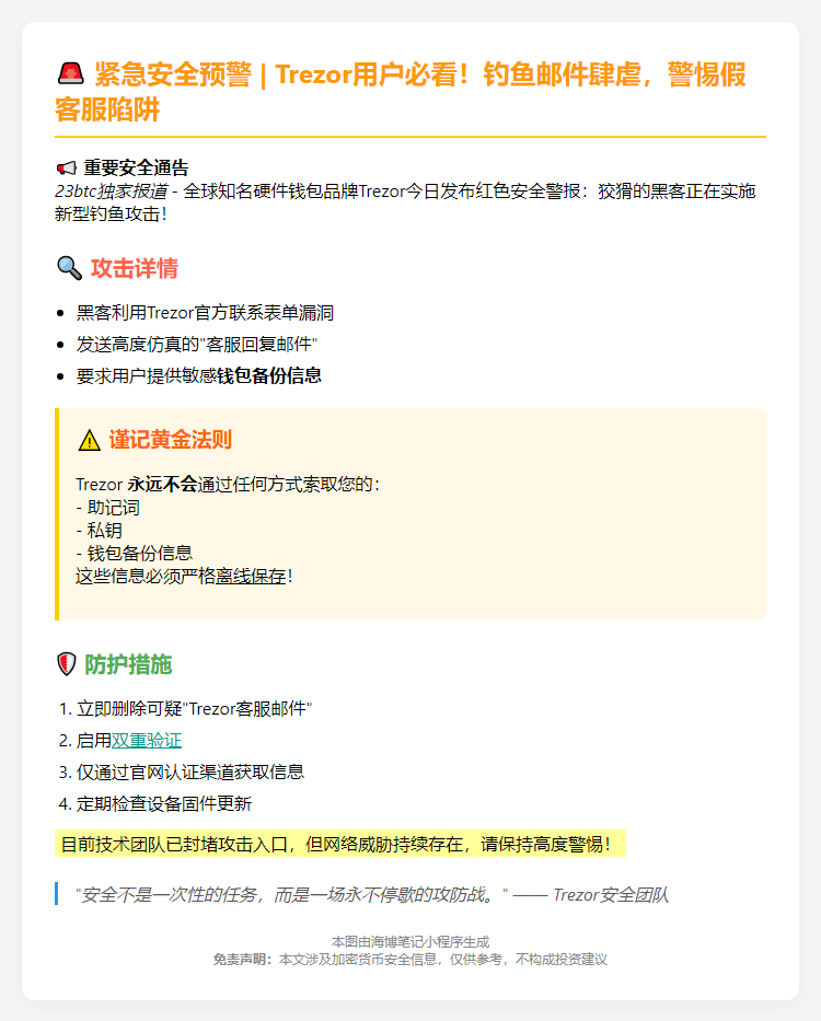 Trezor警示：警惕钓鱼邮件诈骗