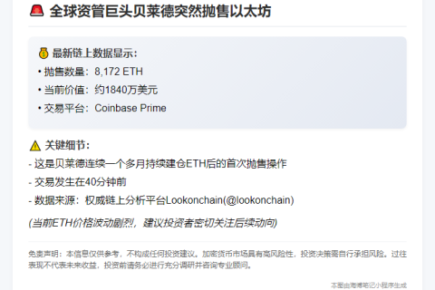 贝莱德存入Coinbase8000枚ETH