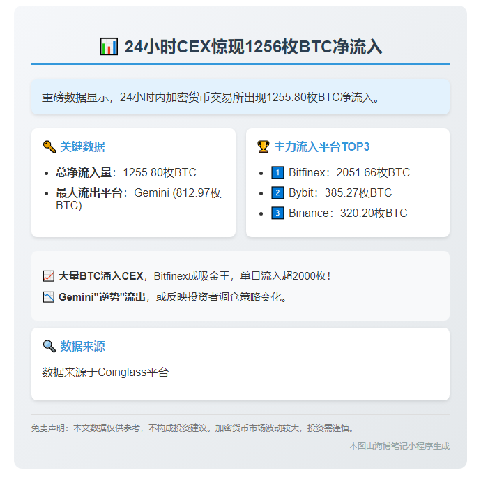 24小时CEX净流入1256枚BTC