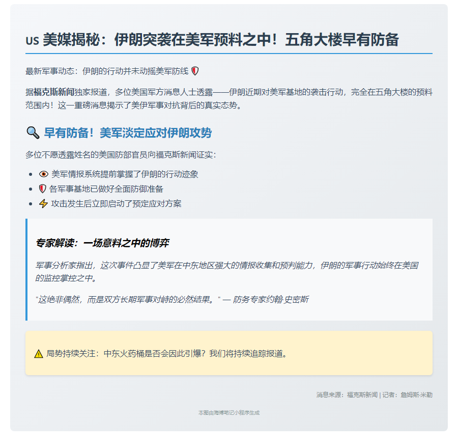 美媒：美军方早有预警伊朗突袭