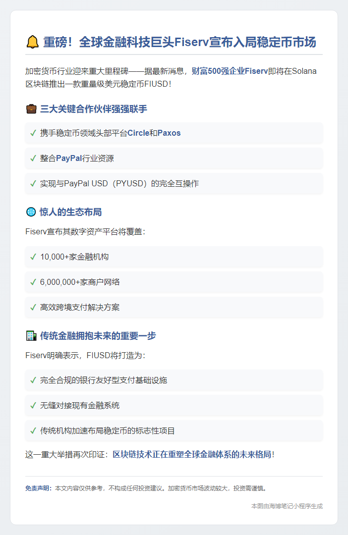 Fiserv在Solana推出稳定币FIUSD