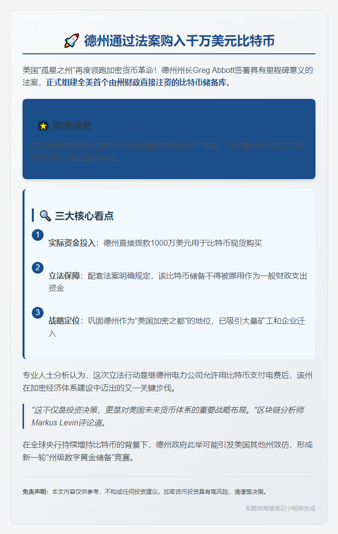 德州通过法案购入千万美元比特币