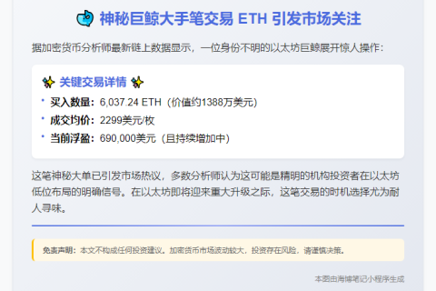 鲸鱼5小时买ETH浮盈69万美元