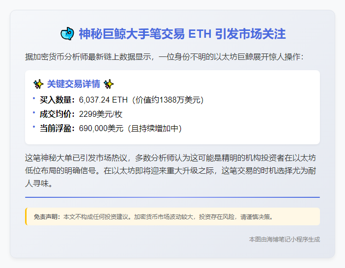 鲸鱼5小时买ETH浮盈69万美元