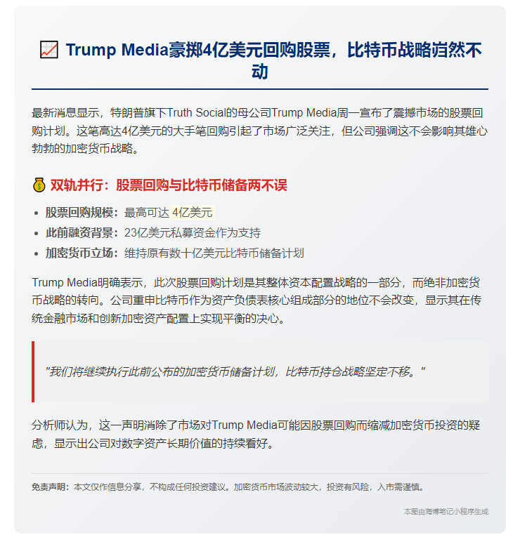 Trump Media斥4亿美元回购股票，不影响比特币储备