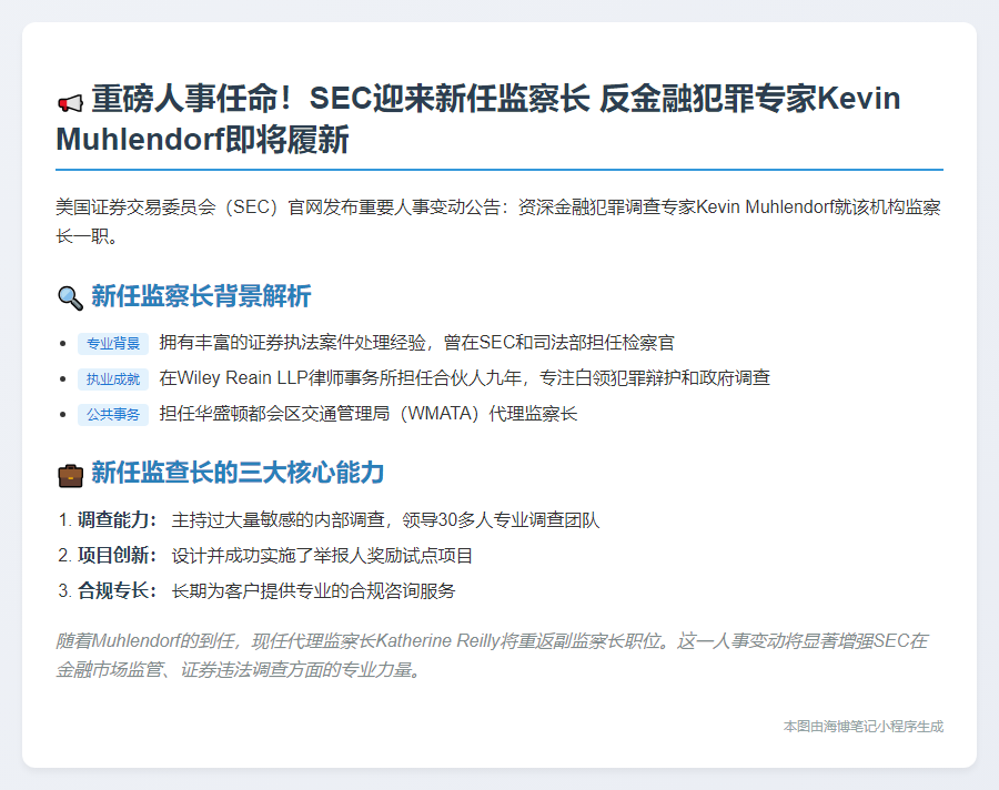 SEC任命新监察长Kevin Muhlendorf