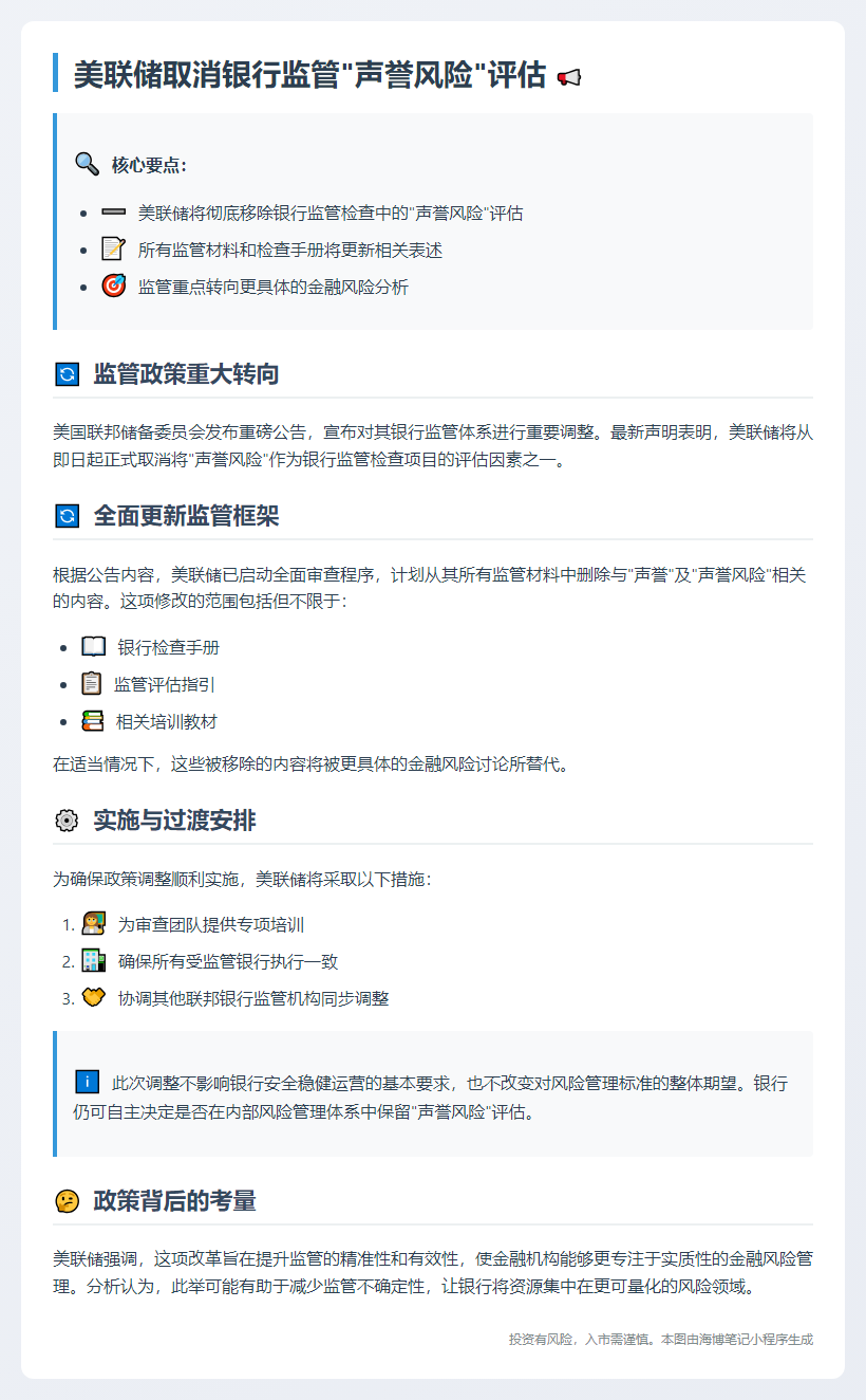 美联储取消银行监管