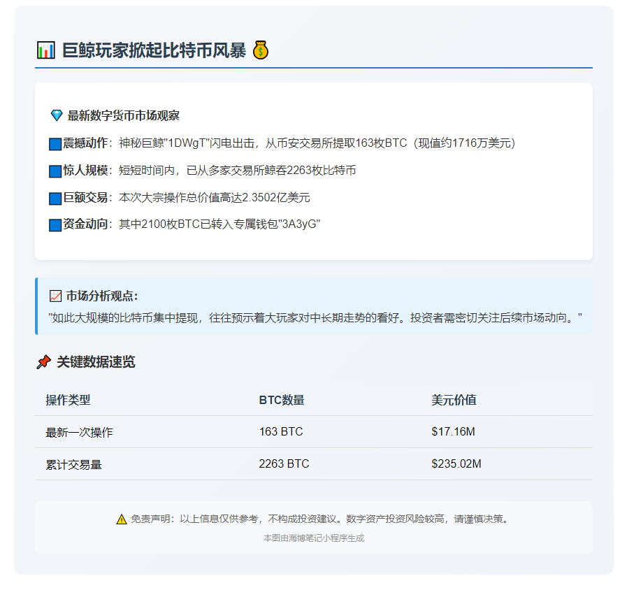 巨鲸提取163枚BTC值1716万