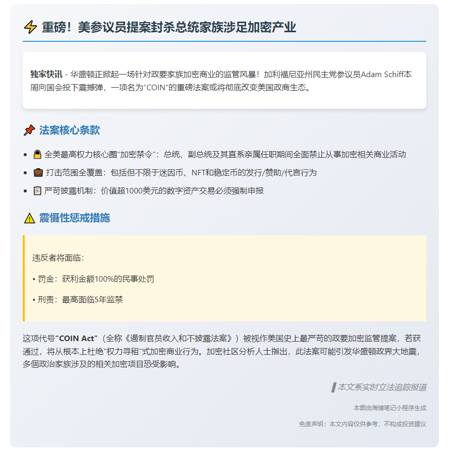 美提案禁总统家族涉足加密货币