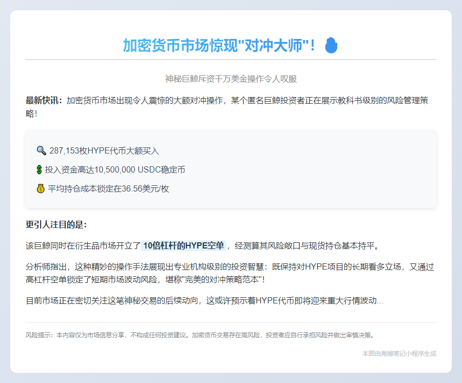 巨鲸斥资1050万USDC买HYPE并做空对冲