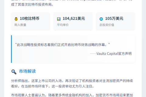 Vaultz Capital 105万美元购入10枚BTC