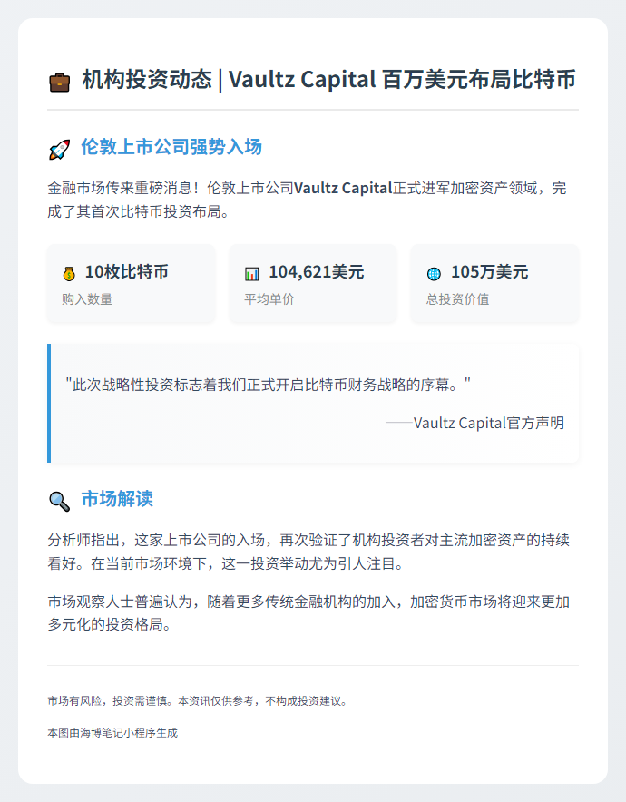 Vaultz Capital 105万美元购入10枚BTC