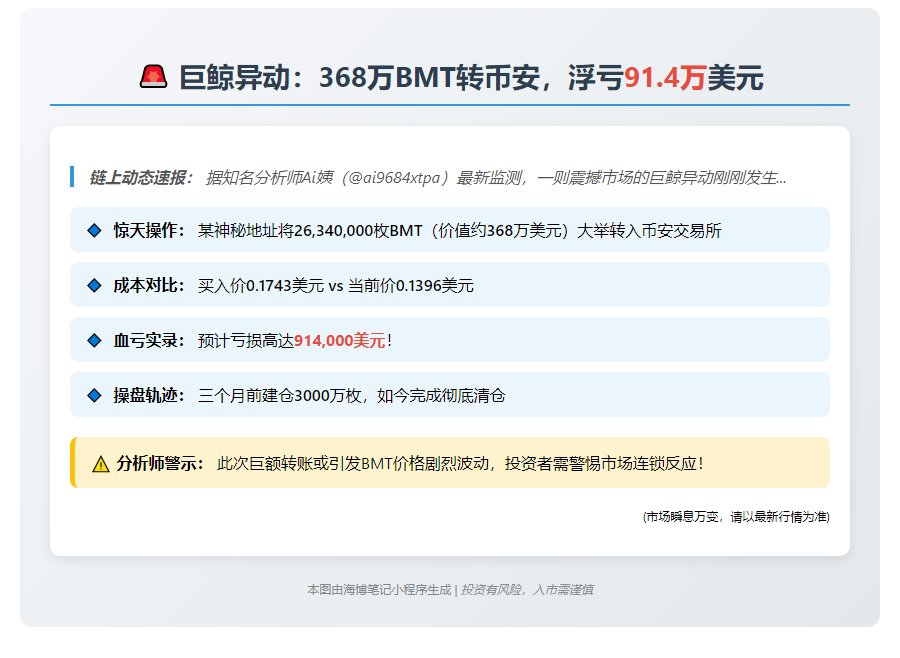 巨鲸368万BMT转币安，浮亏91.4万