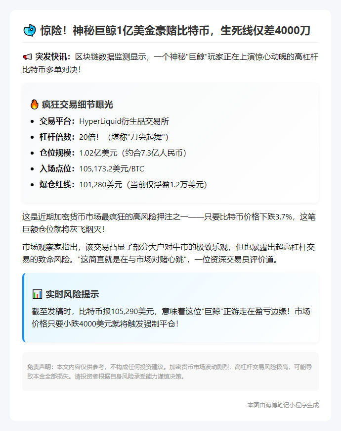 鲸鱼20倍做多BTC，爆仓价10.1万刀